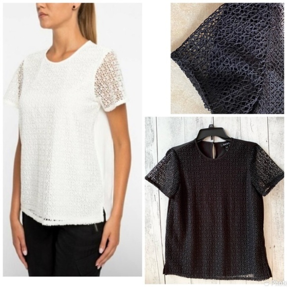 NEW- DKNY Lace Overlay‎ Logo Illusion Keyhole Blouse